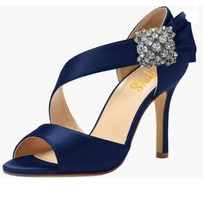FYS Dark Blue Rhinestone Decor Pumps Peep Toe Sandal Elegant Stiletto Heels Shoe